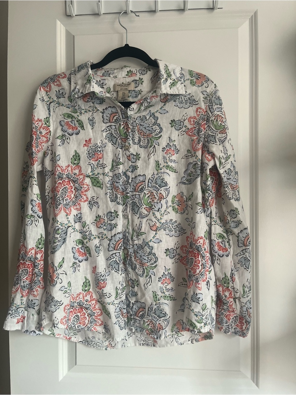 Martha Stewart White Linen Blouse with Coral, Blue and Green Floral Print Smal